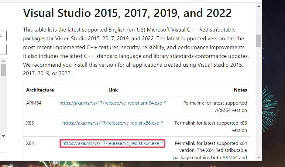The X64 download permalink for Visual C++ 2015-2022