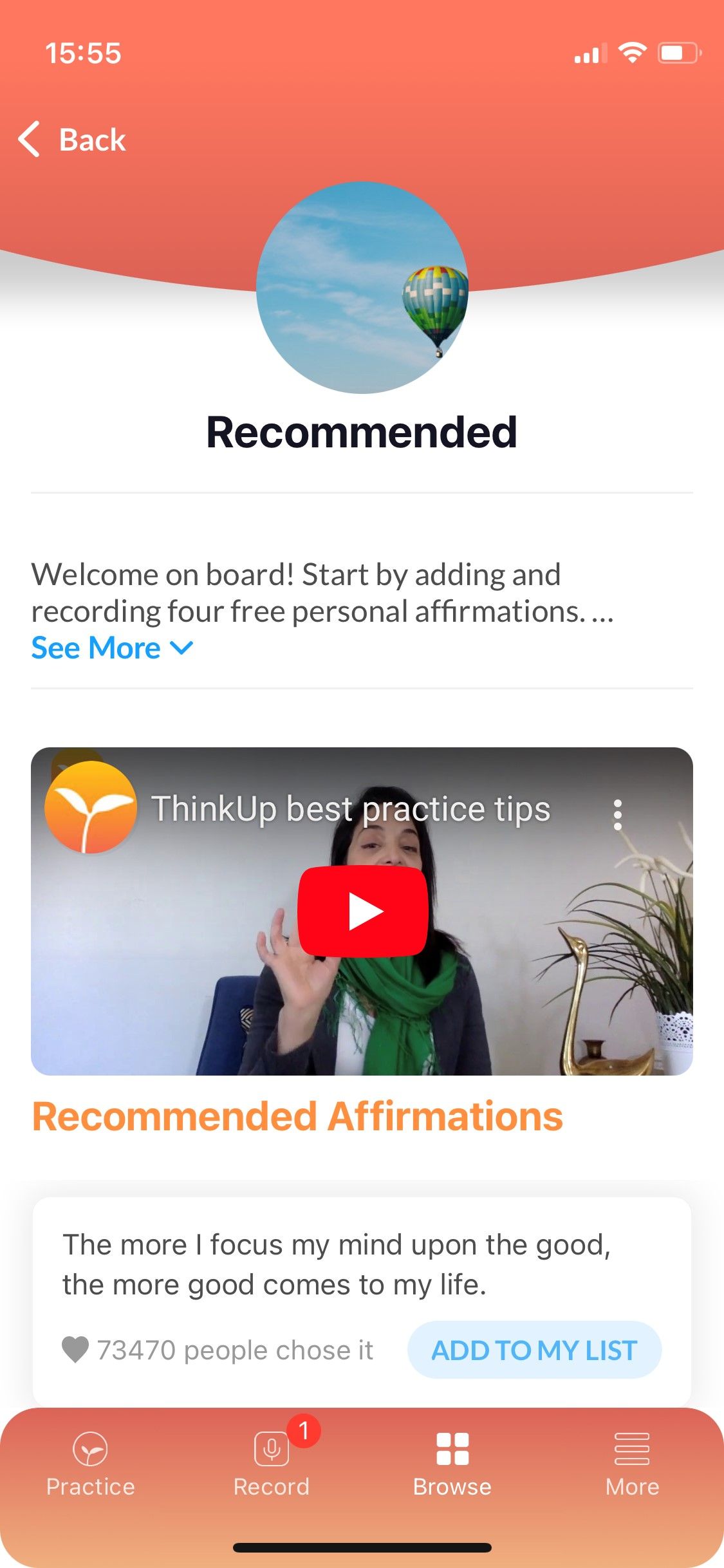 ThinkUp Recommended affirmations