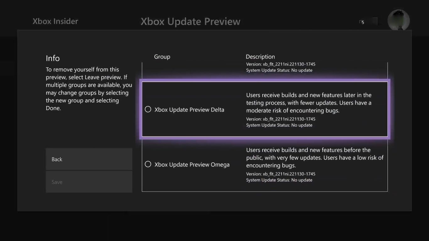 Une capture d'écran des niveaux disponibles auxquels vous pouvez accéder en tant que Xbox Insider.