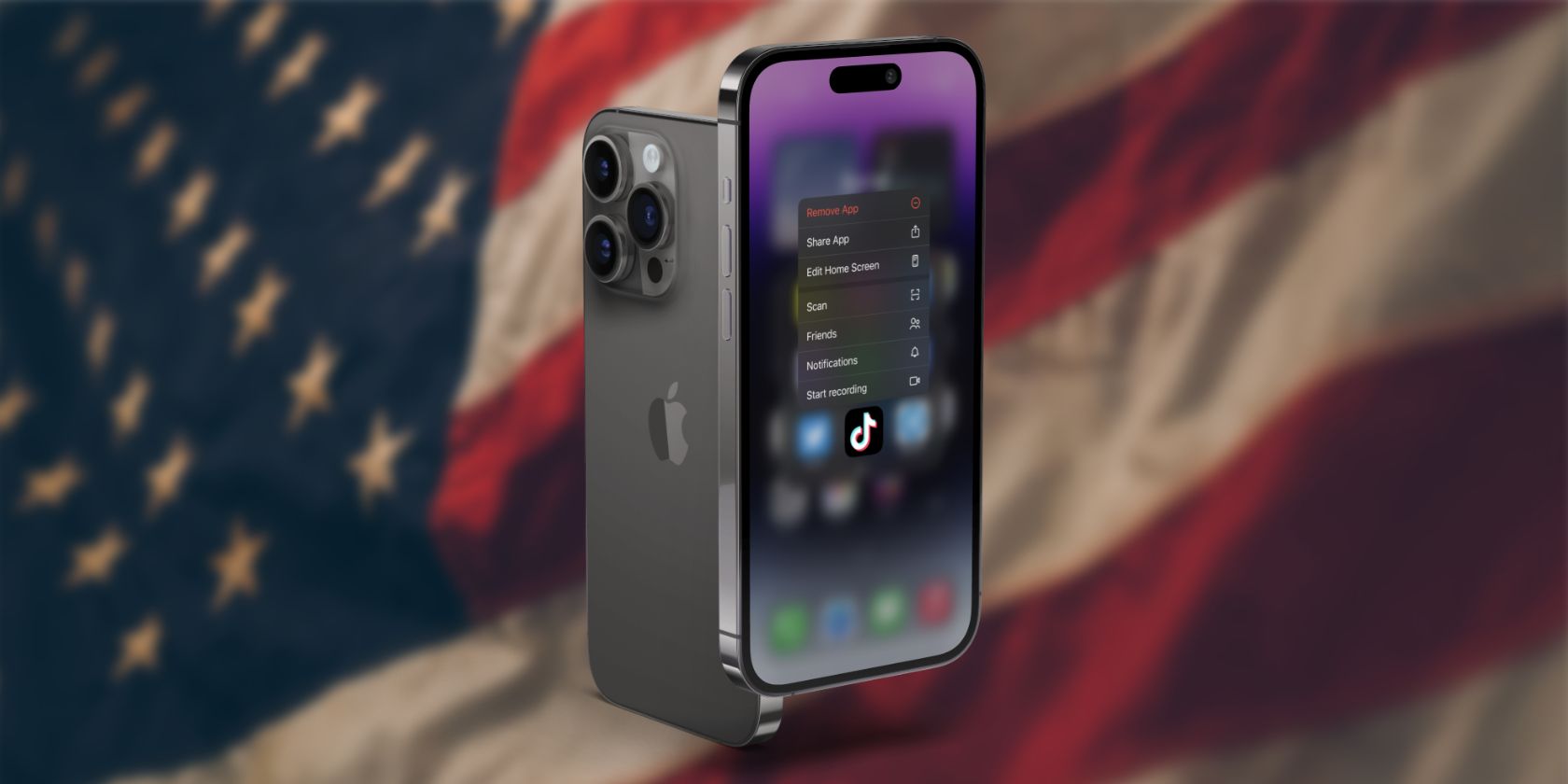 iPhone deleting TikTok app in front of US flag