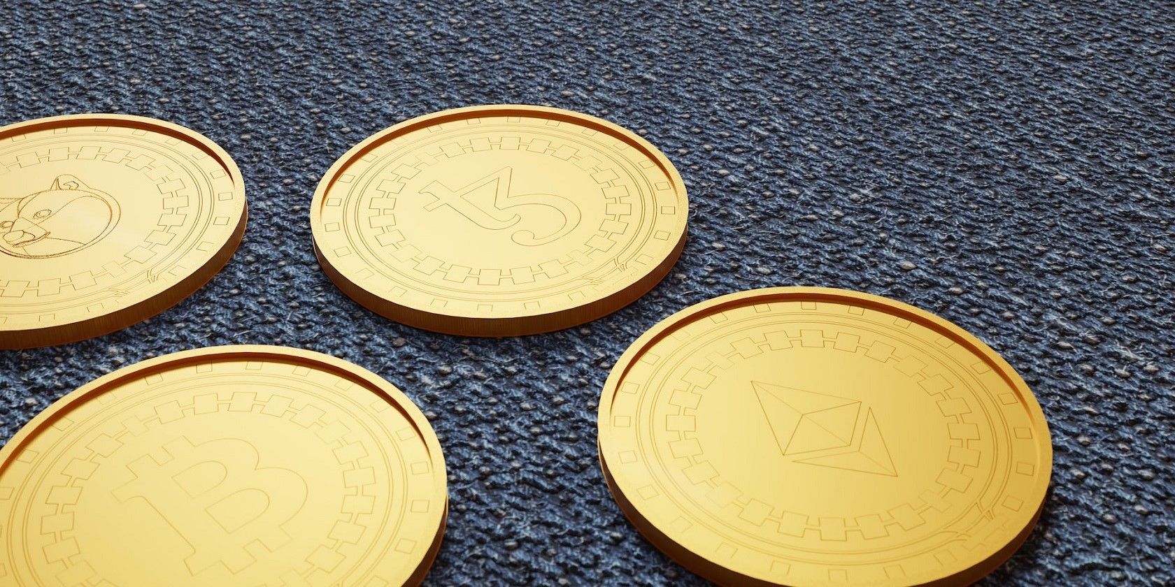 3D illustration of tezos coin, bitcoin, dogecoin, and ethereum
