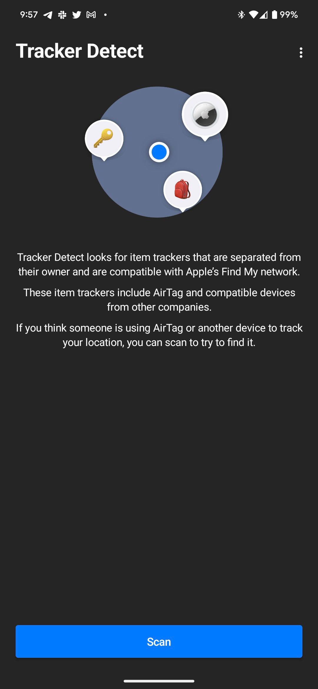 Tracker Detect app for Android showing the Scan option