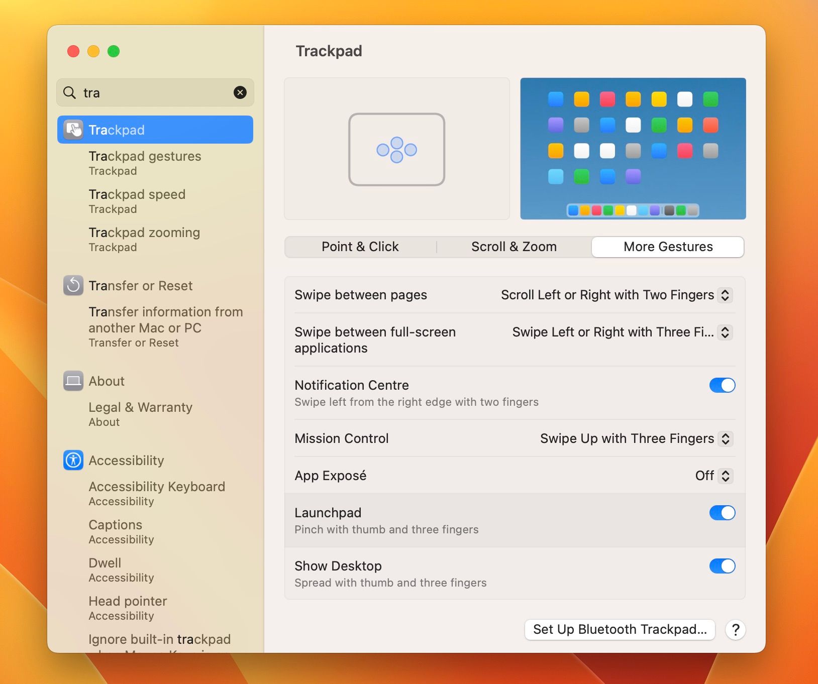 Trackpad gestures to open the launch pad