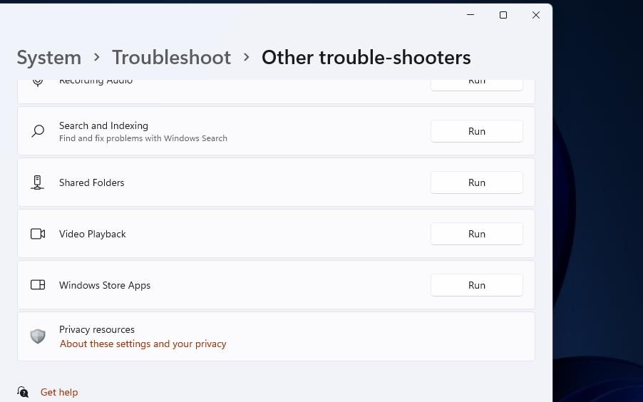 The Other trouble-shooters section of Settings