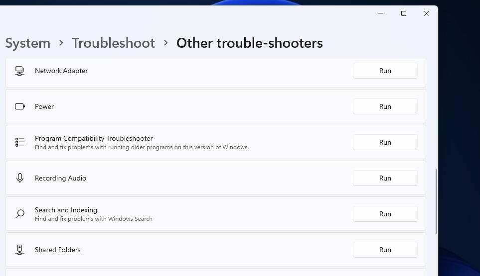 The troubleshooter list in Settings