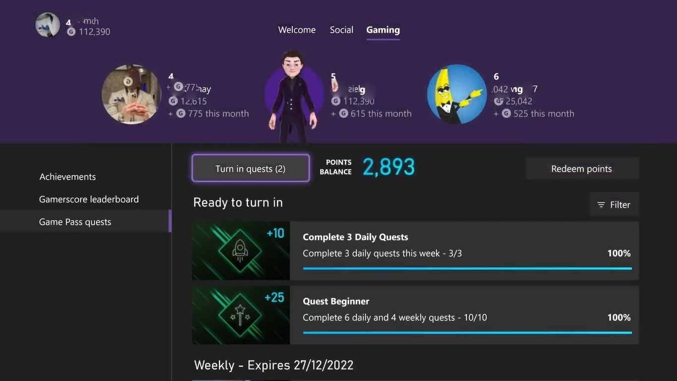 A screenshot of the Game Pass Quests section on Xbox Series X with Turn In Quests highlighted 
