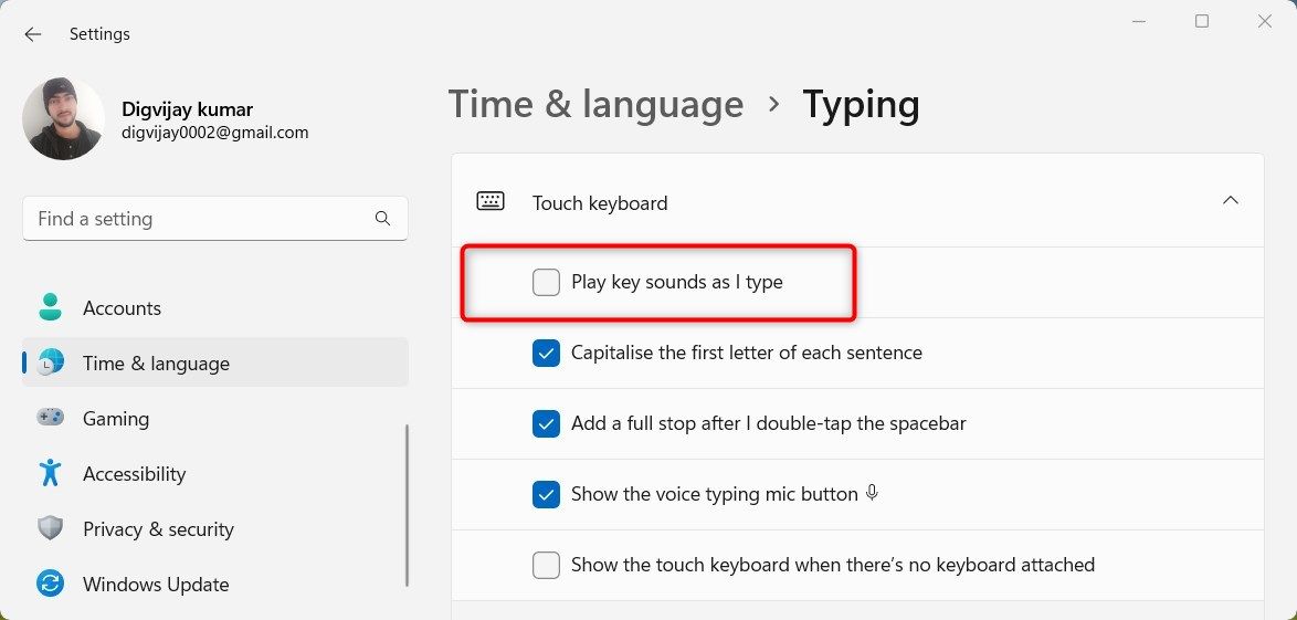 Turn off Touch Keyboard Sound in Windows 11