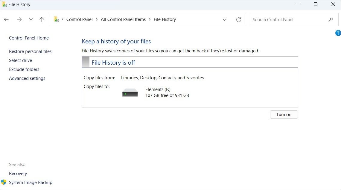Turn On File History in Windows