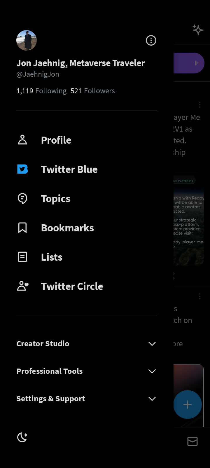 Le menu du profil Twitter vu sur l'application mobile