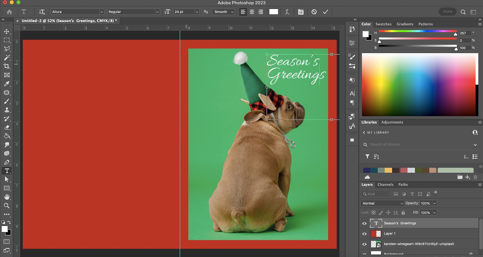 Christmas card design in Photoshop with Season's Greetings text.