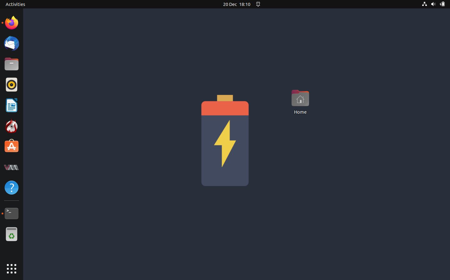 ubuntu with a wallpaper showing a charging battery