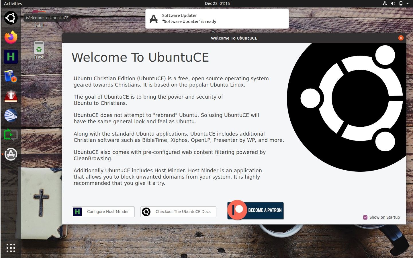 UbuntuCE desktop with an open dialog box