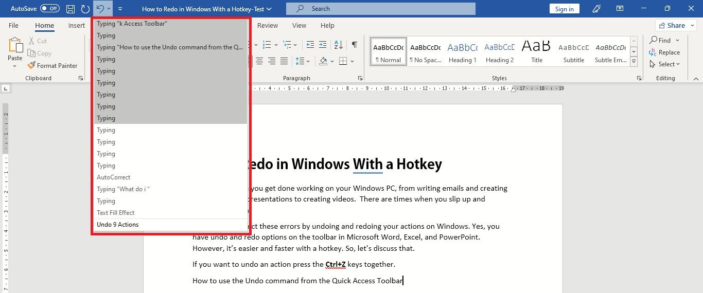 Word Document Showing Undoing Several Actions Together