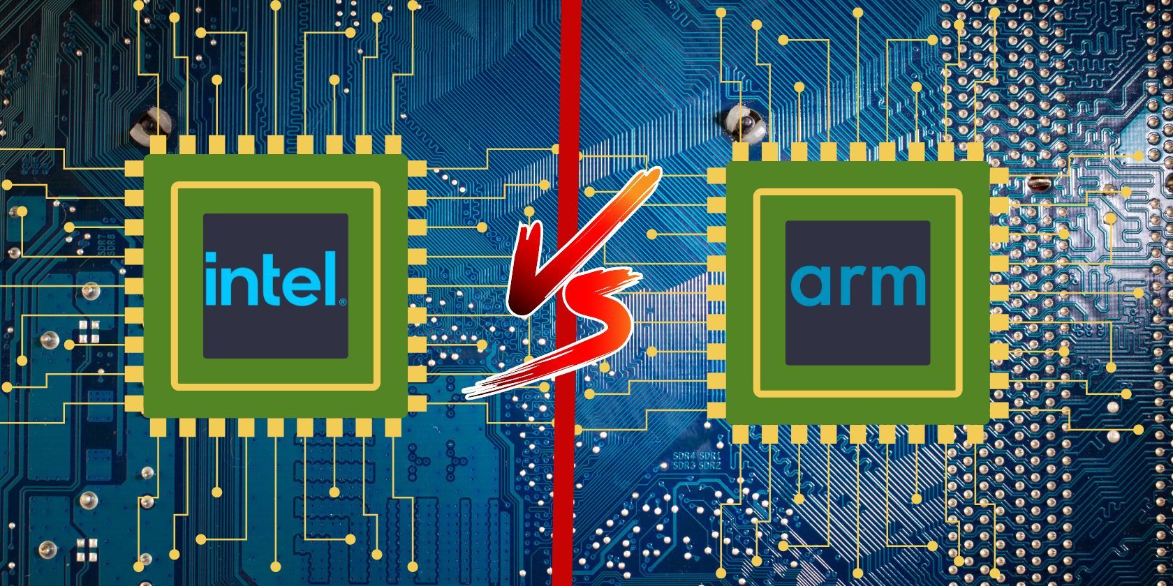  A comparison of the ARM and Intel CPUs with the text 'ARM' and 'Intel' written on each CPU.
