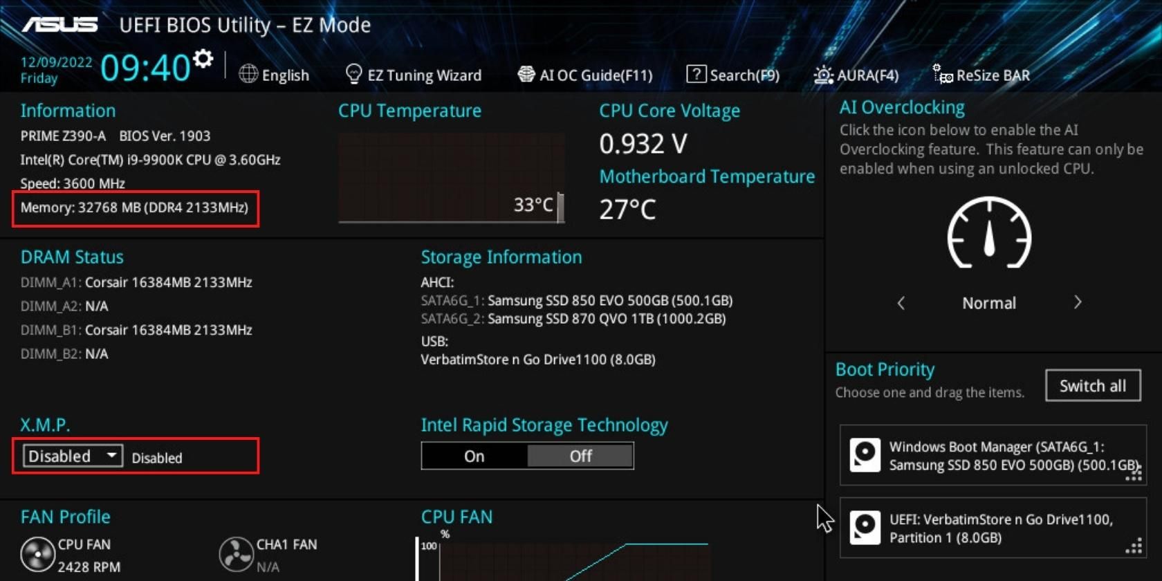 ASUS BIOS showing RAM speed with XMP disabled
