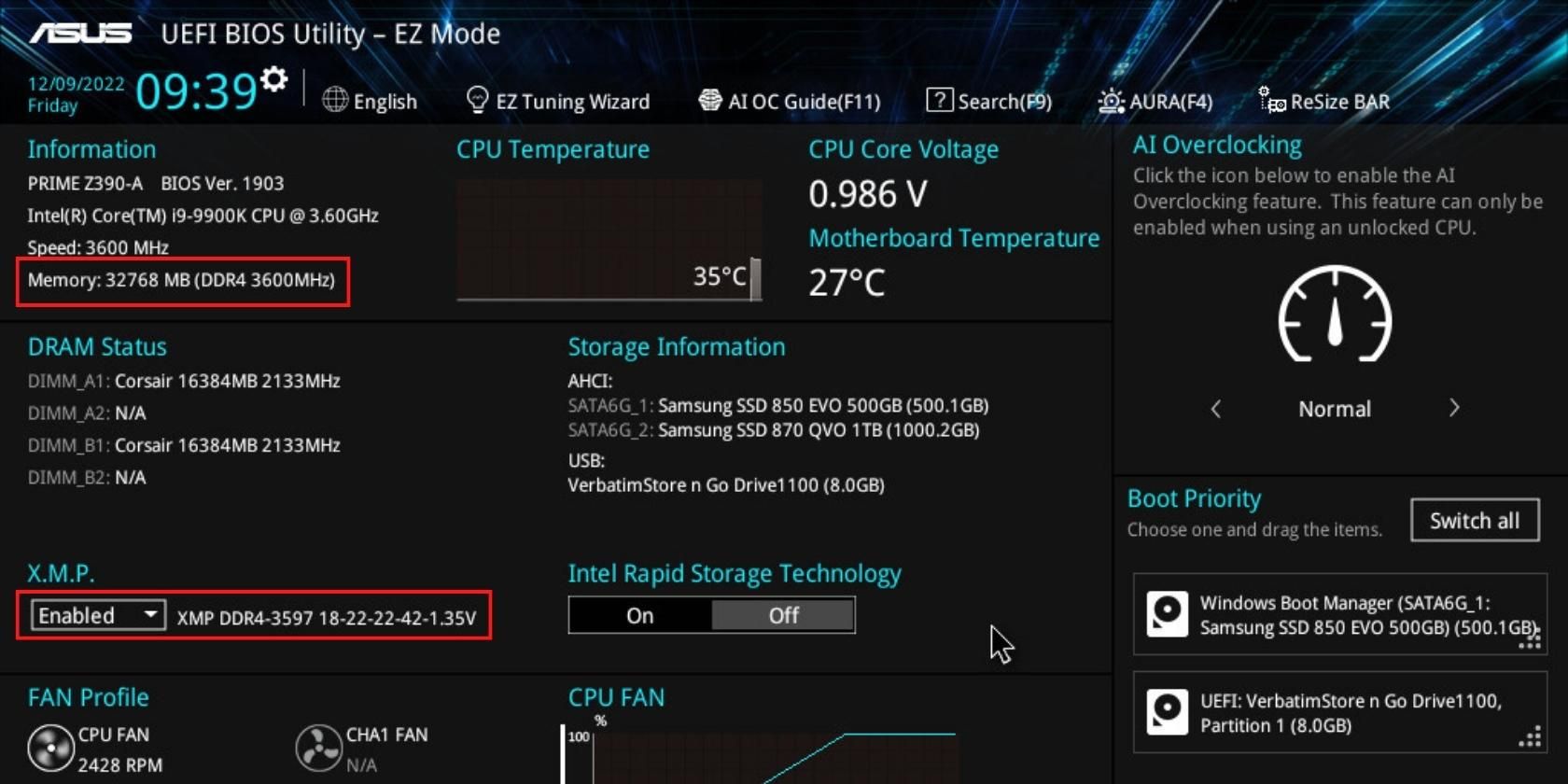 BIOS de ASUS que muestra la velocidad de RAM con XMP habilitado
