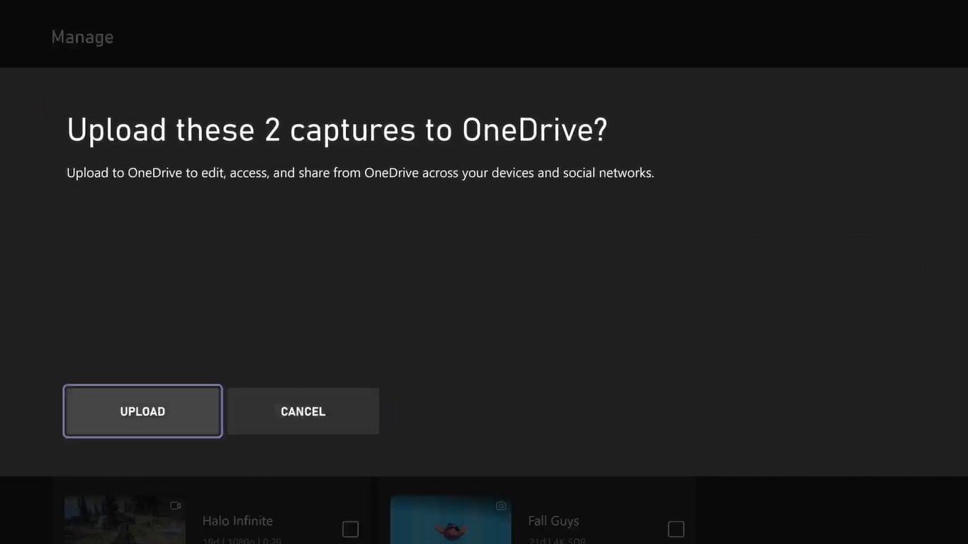 Tangkapan layar permintaan unggahan dalam aplikasi Xbox Captures