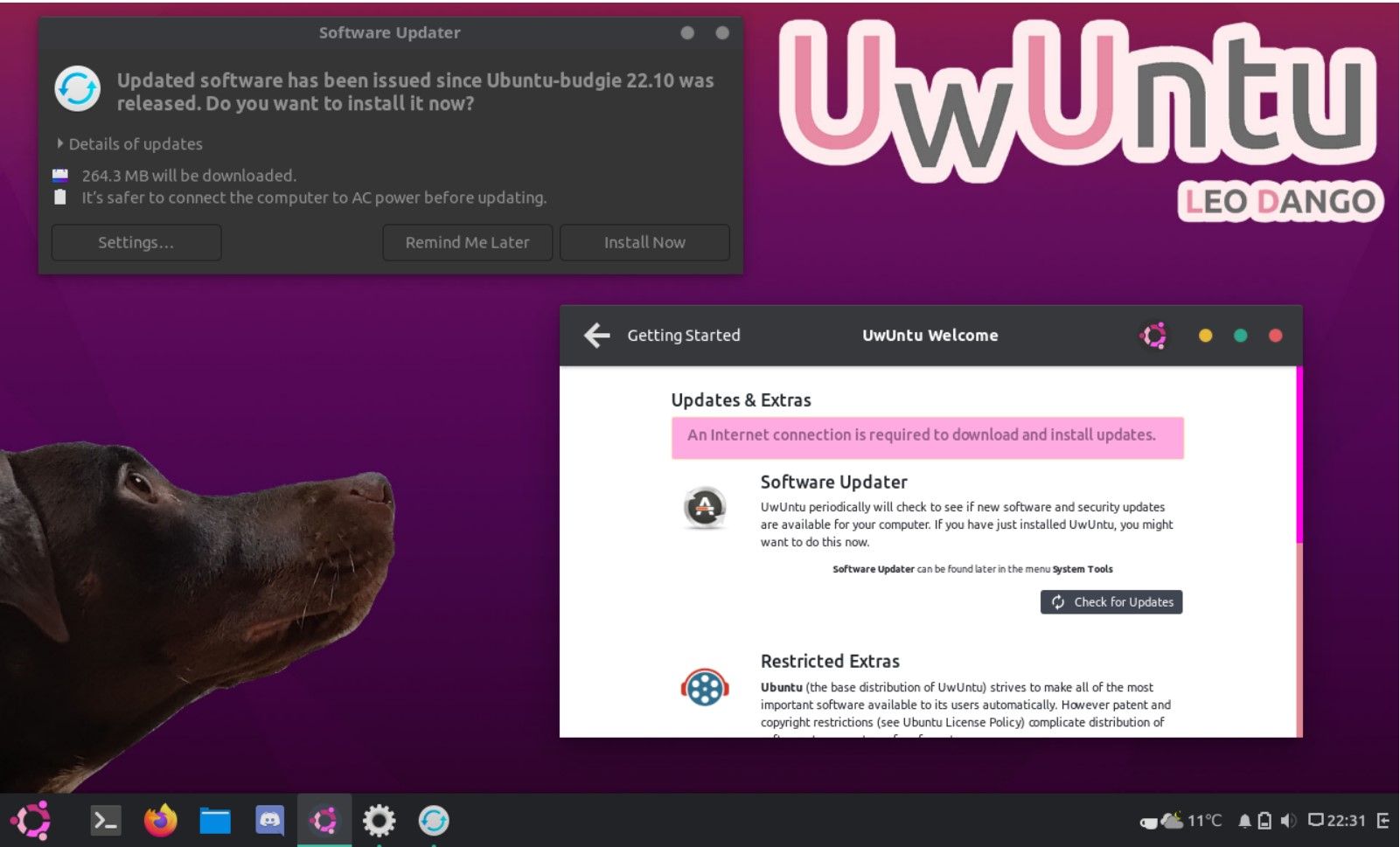 UwUntu desktop with a few open dialog boxes