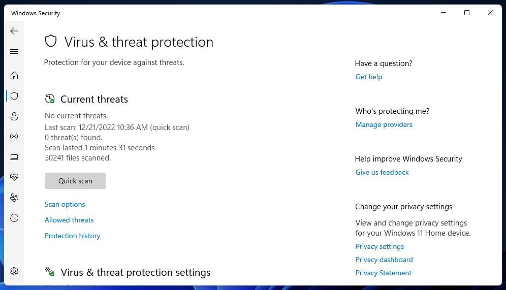 The Virus & threat protection tab 