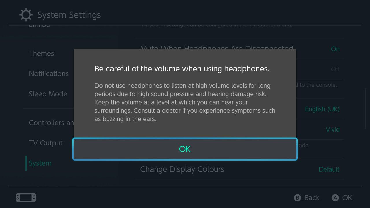 A screenshot of the warning message that appears when changing the Lower Maximum Headphone Volume setting on Nintendo Switch
