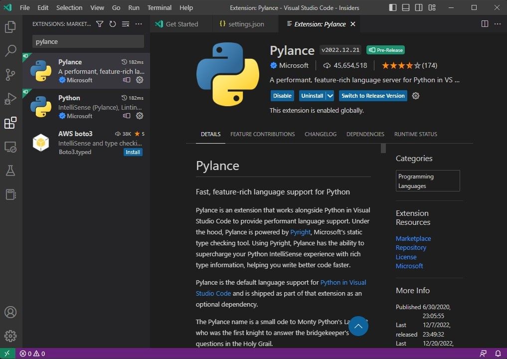 Versión preliminar de Pylance en Visual Studio Code-Insider