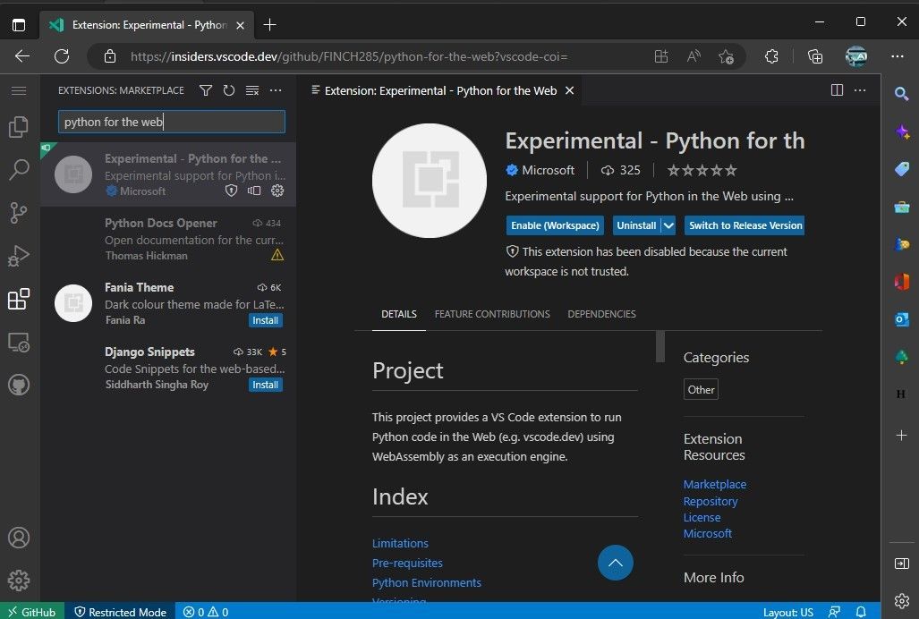 Experimental-Python for the web extension in Visual Studio Code- Insiders 