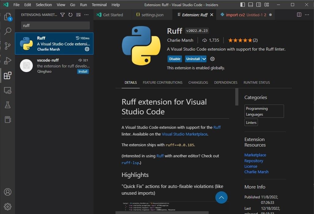 Extensión Ruff en Visual Studio Code-Insiders