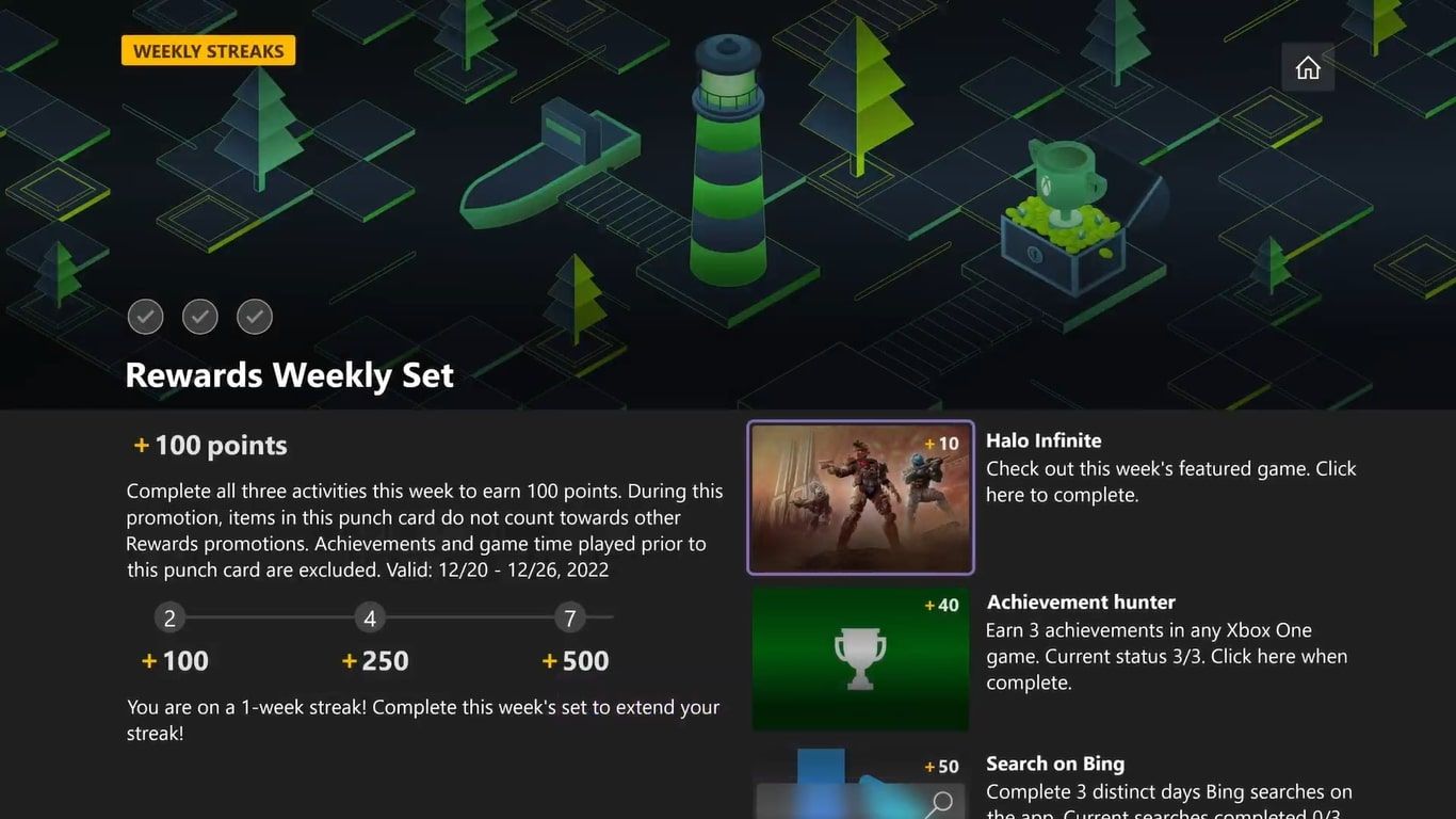 A screenshot of the Weekly Set Rewards page on Xbox Series X with requirements and rewards highlighted 