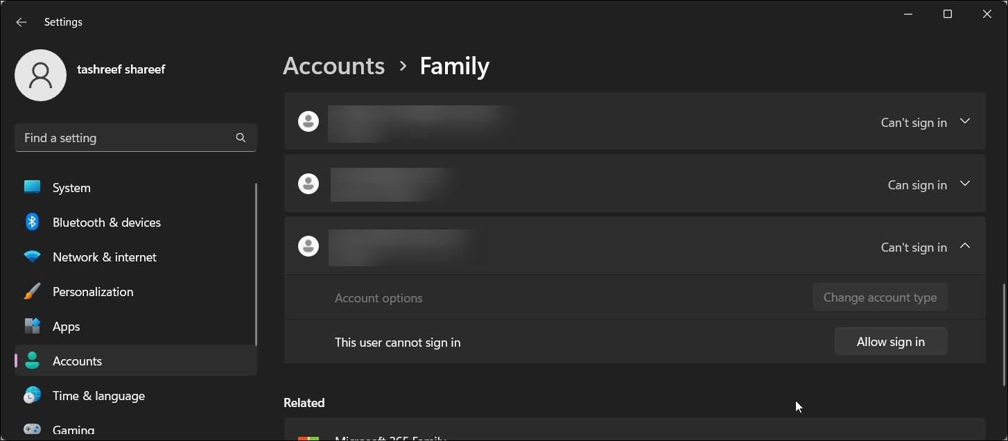 windows 11 settings account family allow sign in 
