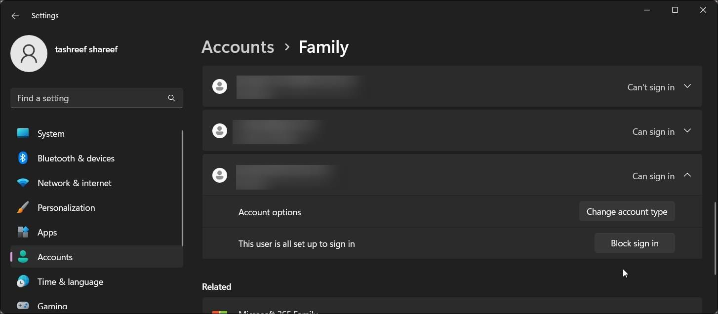 windows 11 settings account family block sign in 