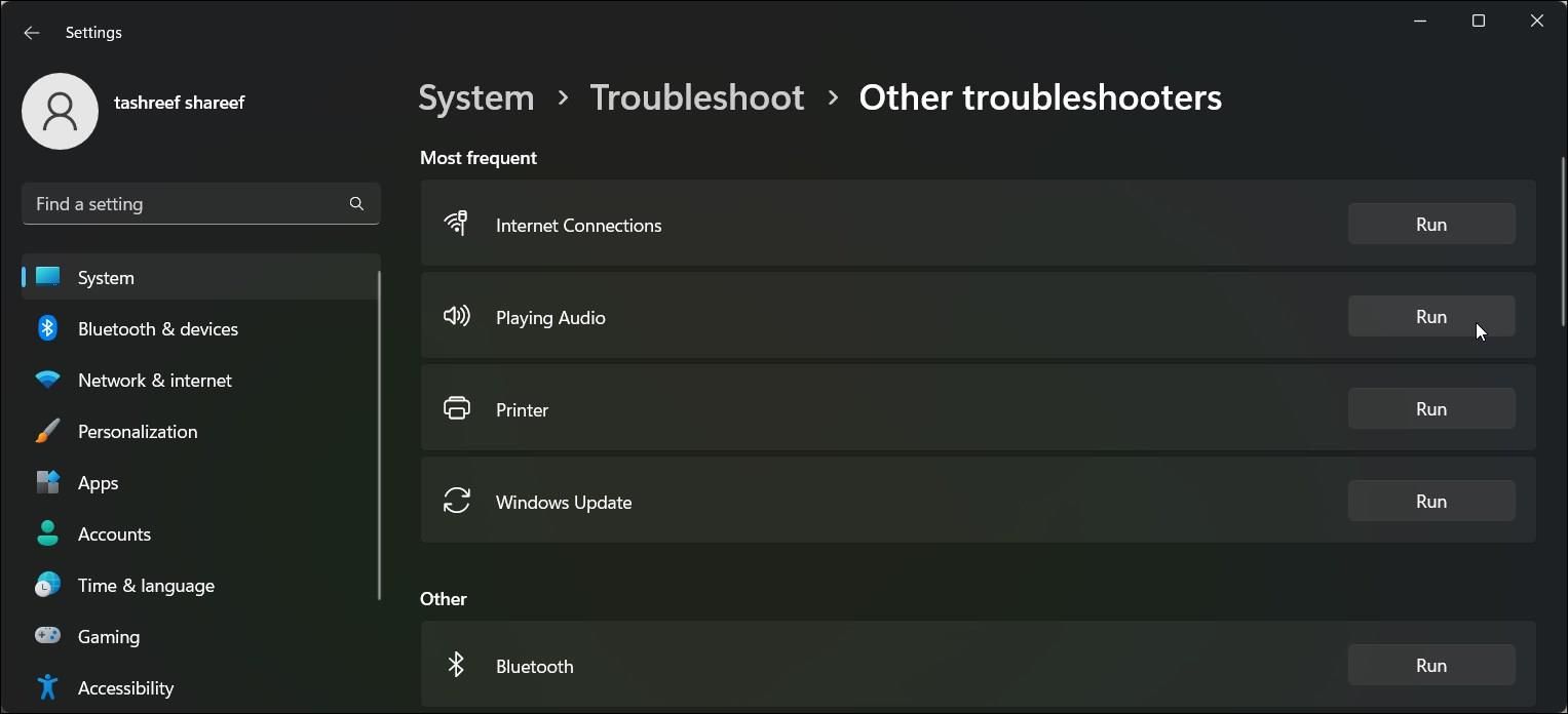 Windows 11 settings troubleshoot other troubleshooters playing audio run