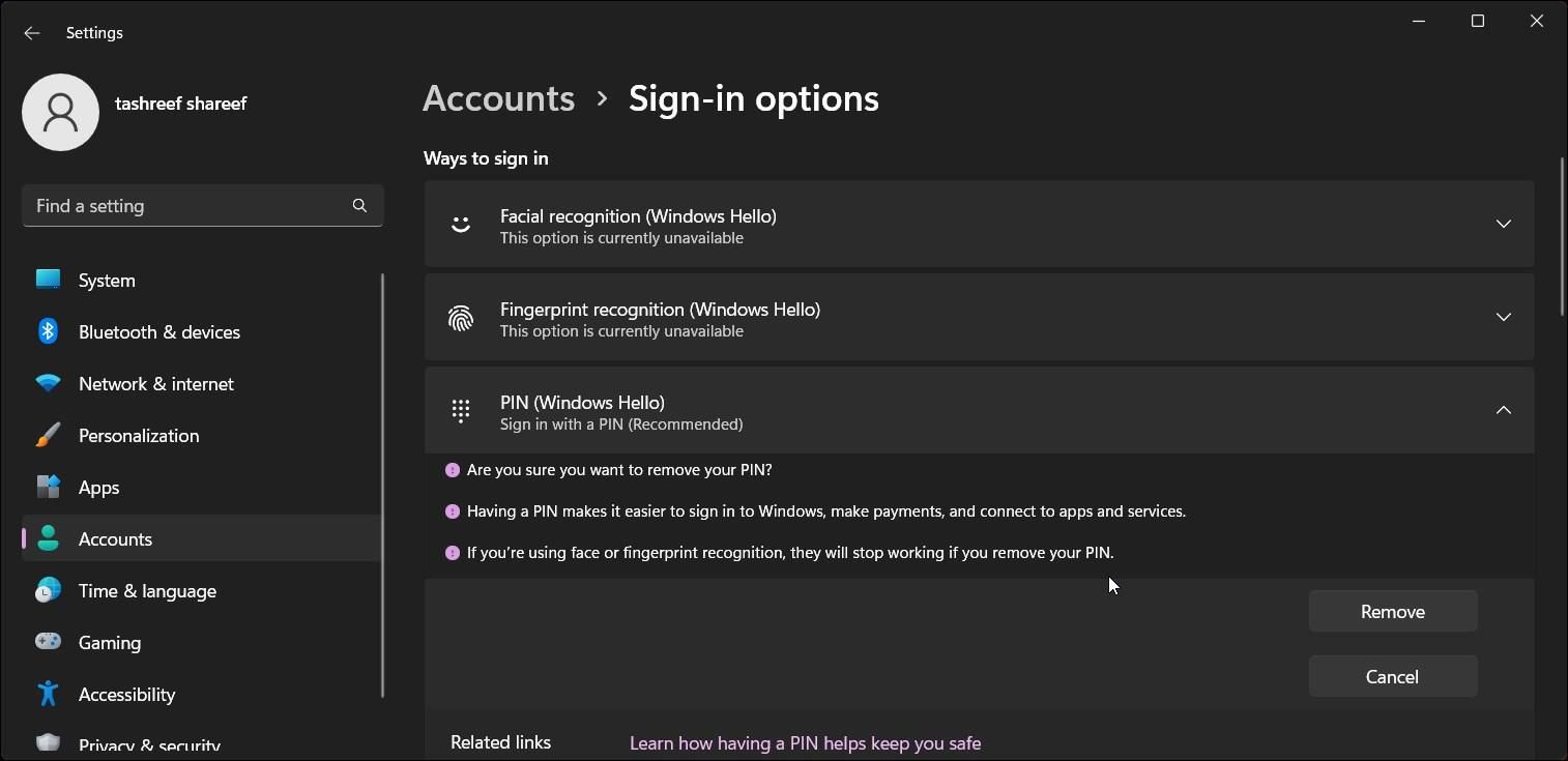 Windows 11 sign-in options remove pin confirm 