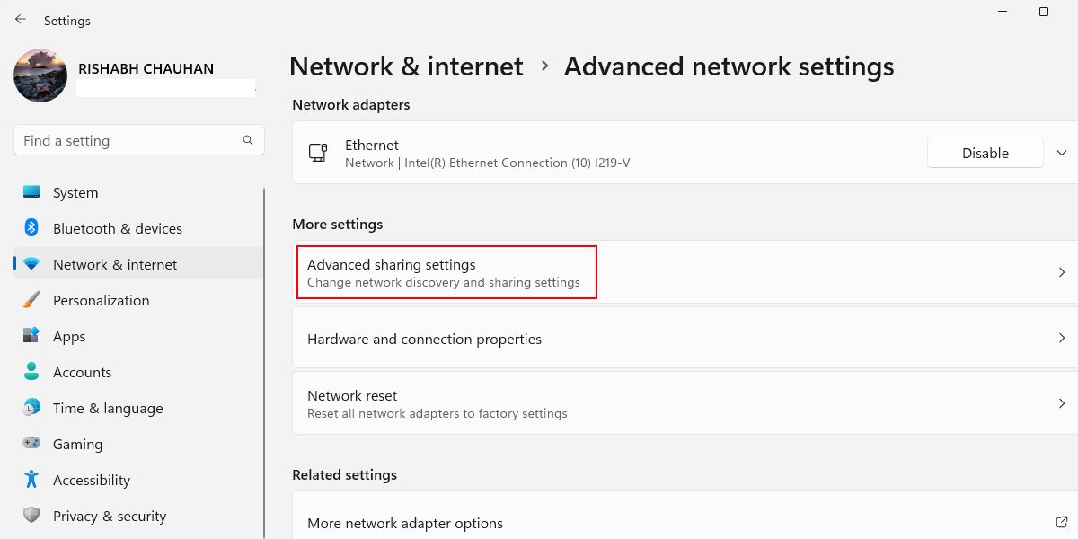 Windows Advanced Network Sharing Settings