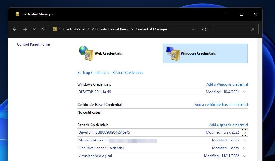 The Windows Credentials Control Panel applet