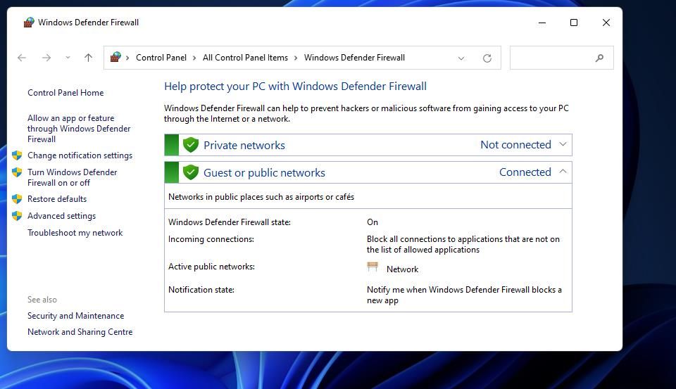 La opción de Firewall de Windows Defender 