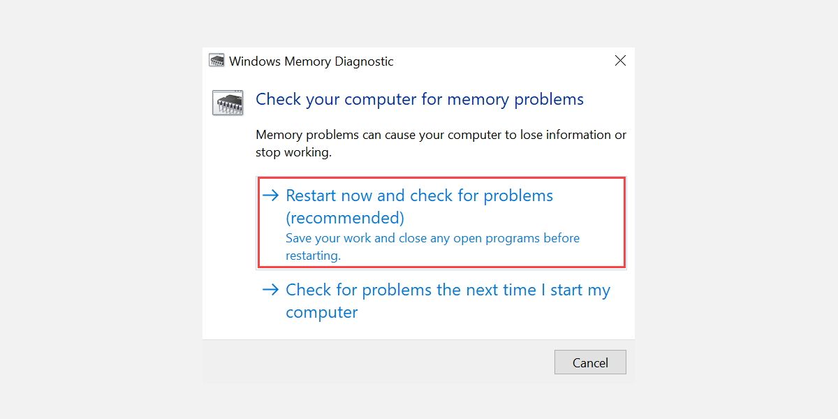 Opciones de la herramienta diagonal de memoria de Windows