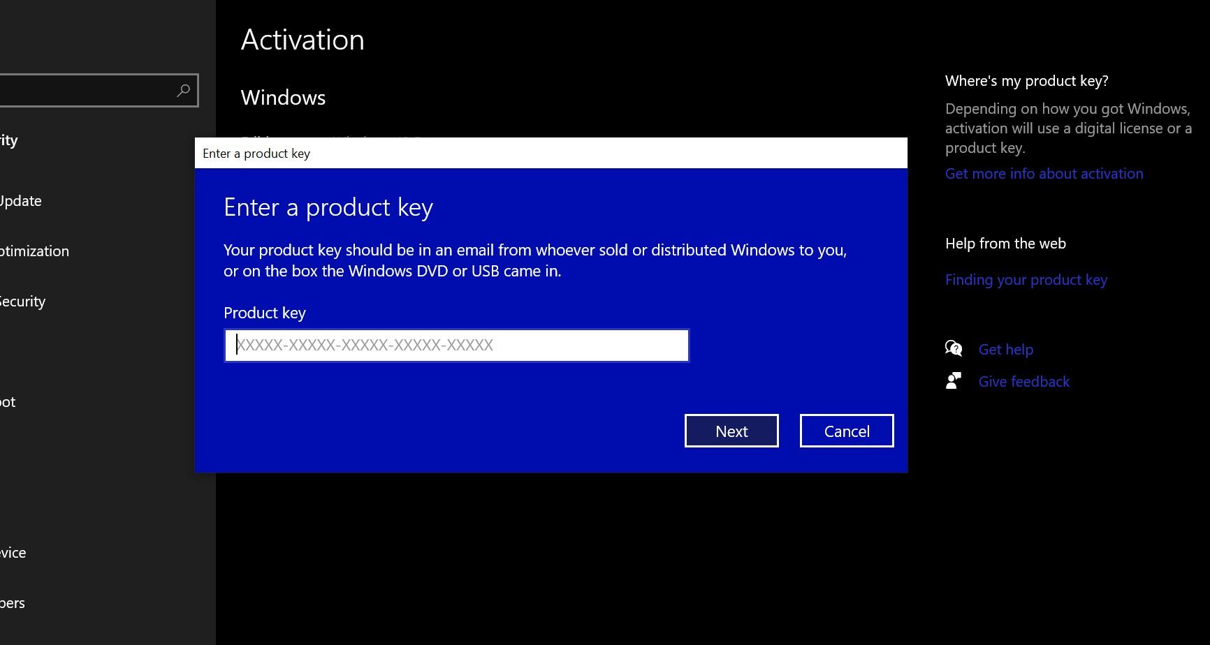 Adding product key in Windows