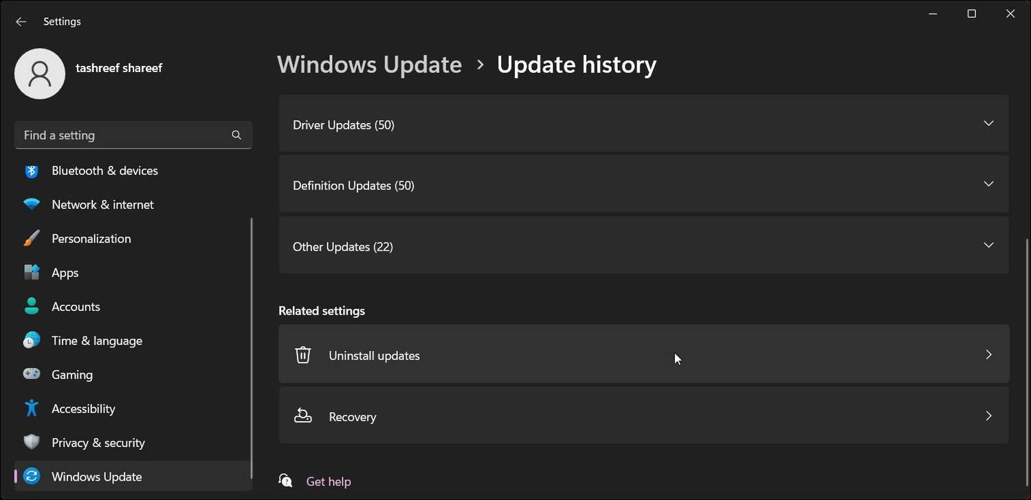 ویندوز 11 مشاهده تاریخچه به روز رسانی به روز رسانی حذف نصب