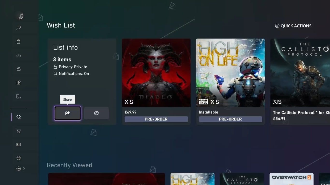 Screenshot of the Xbox Store Wish List feature on Xbox Series X 