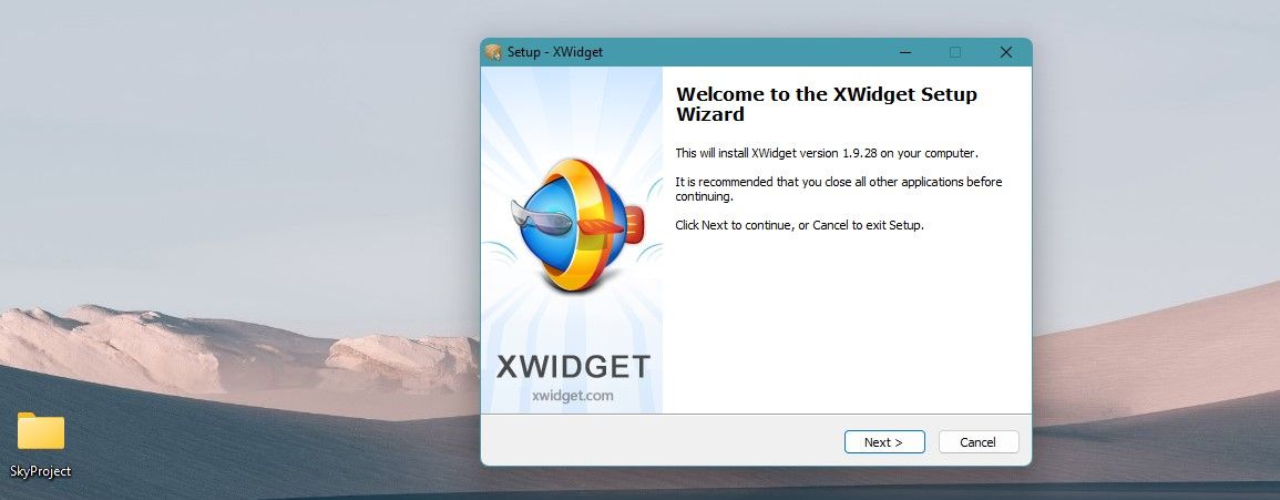 Asistente de configuración de XWidget en la pantalla del portátil