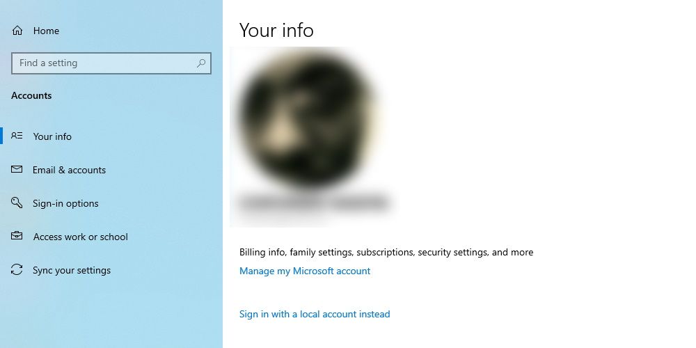 the Your info page in the Settings App on Windows 10