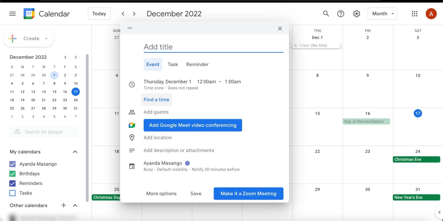 Zoom button in Google Calendar