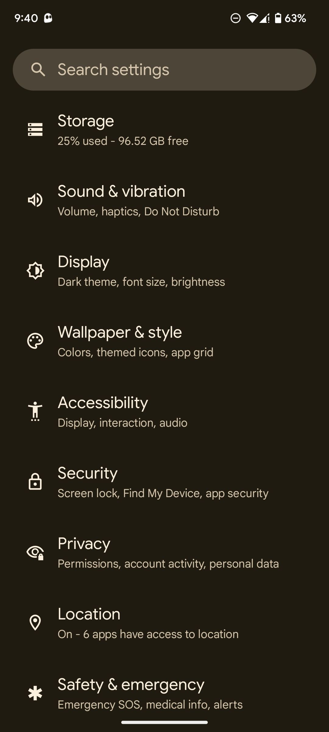 Android 13 settings page
