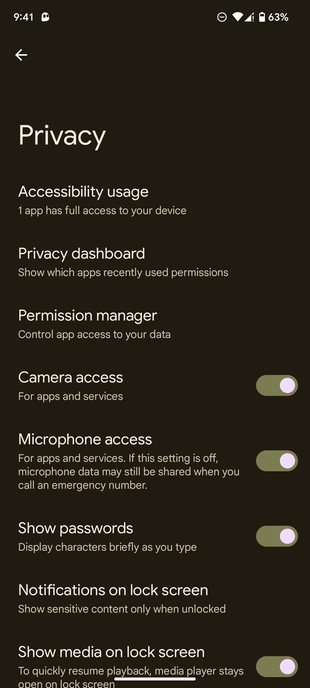 Android 13 privacy settings page