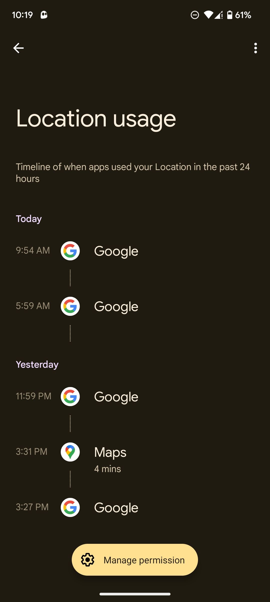 Location permission usage page on Android