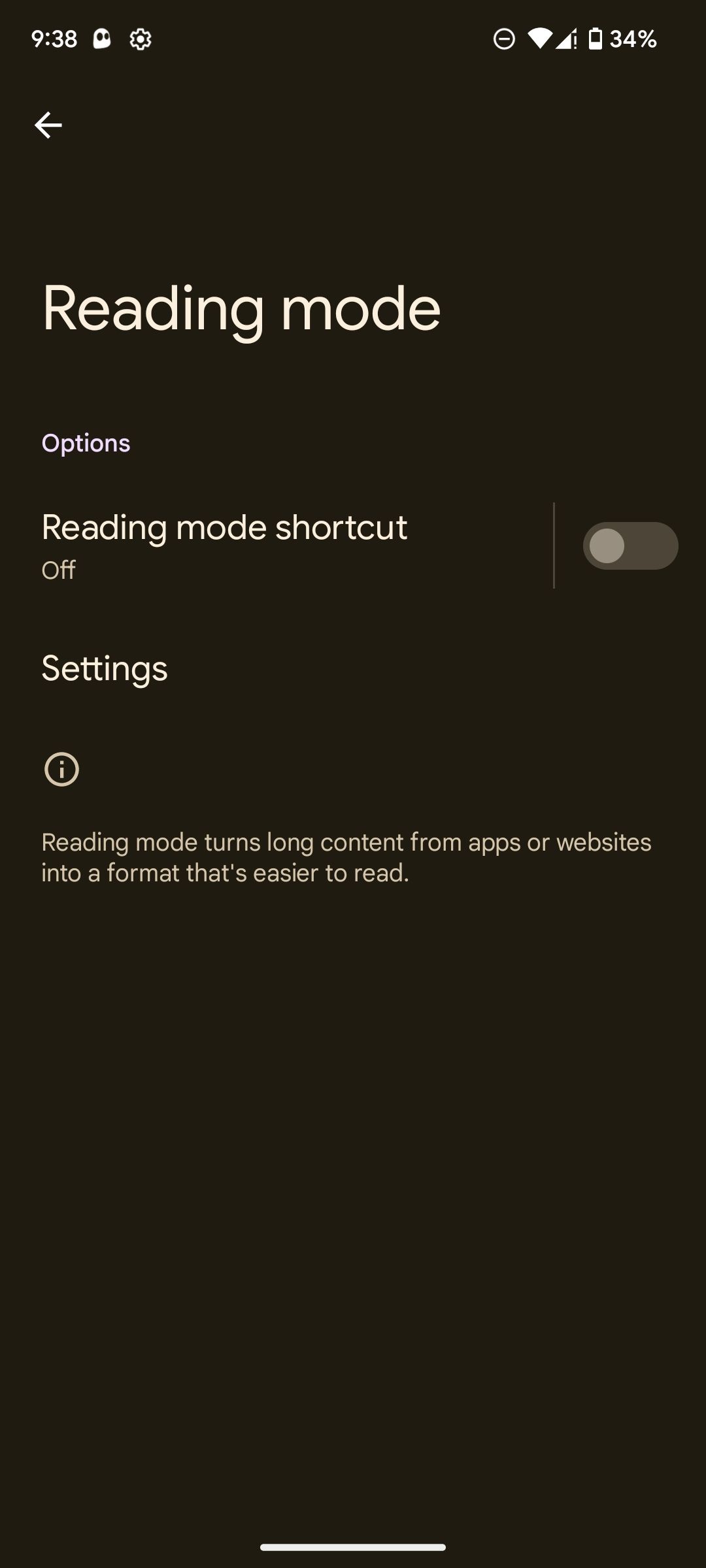 Reading Mode settings page