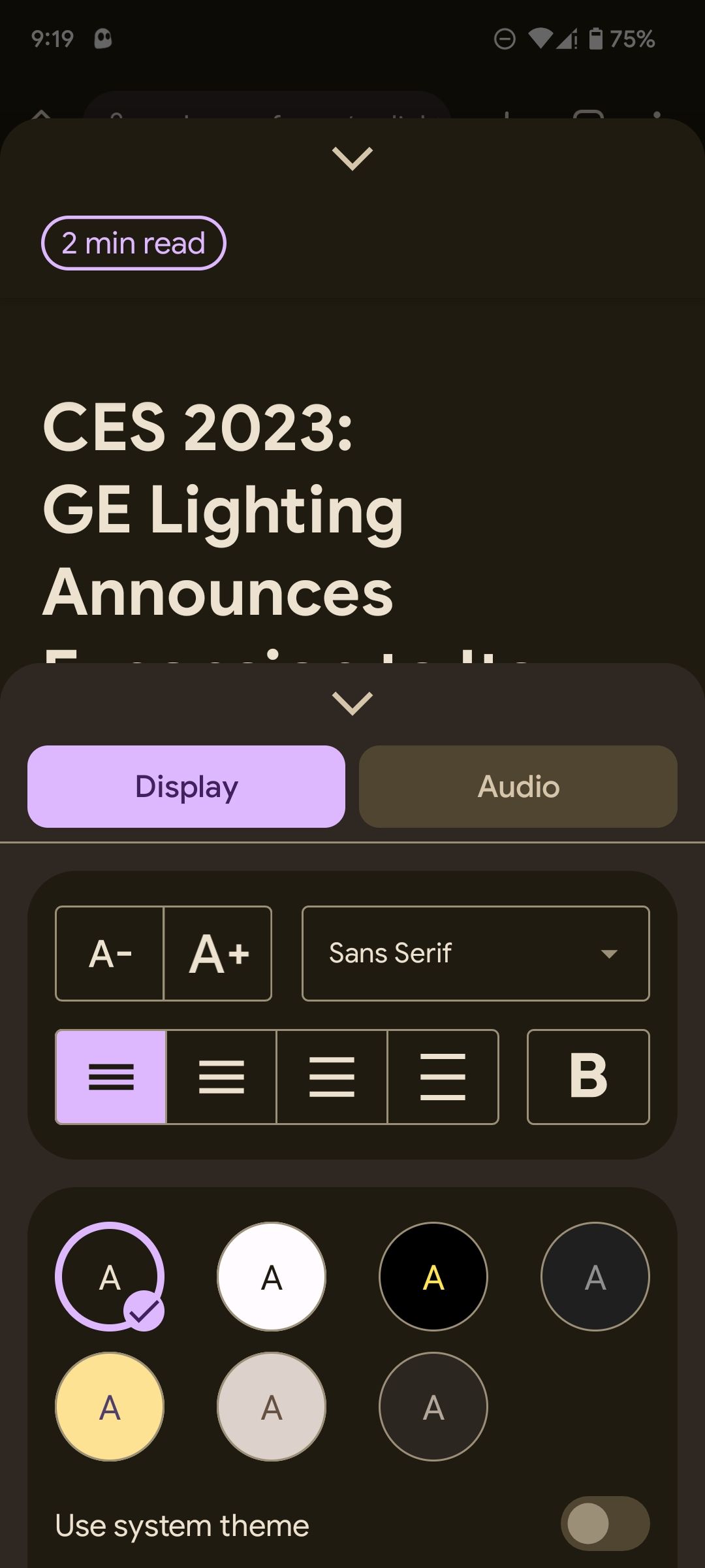 Reading Mode text and theme customization options