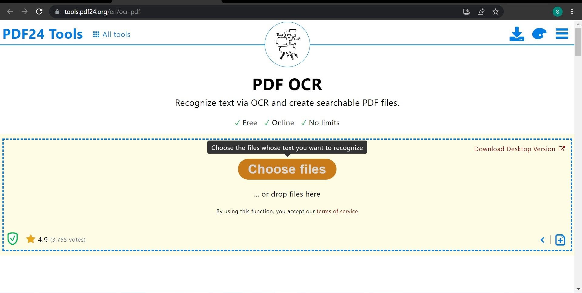 Clicking on the Choose File Button on PDF OCR Tool 