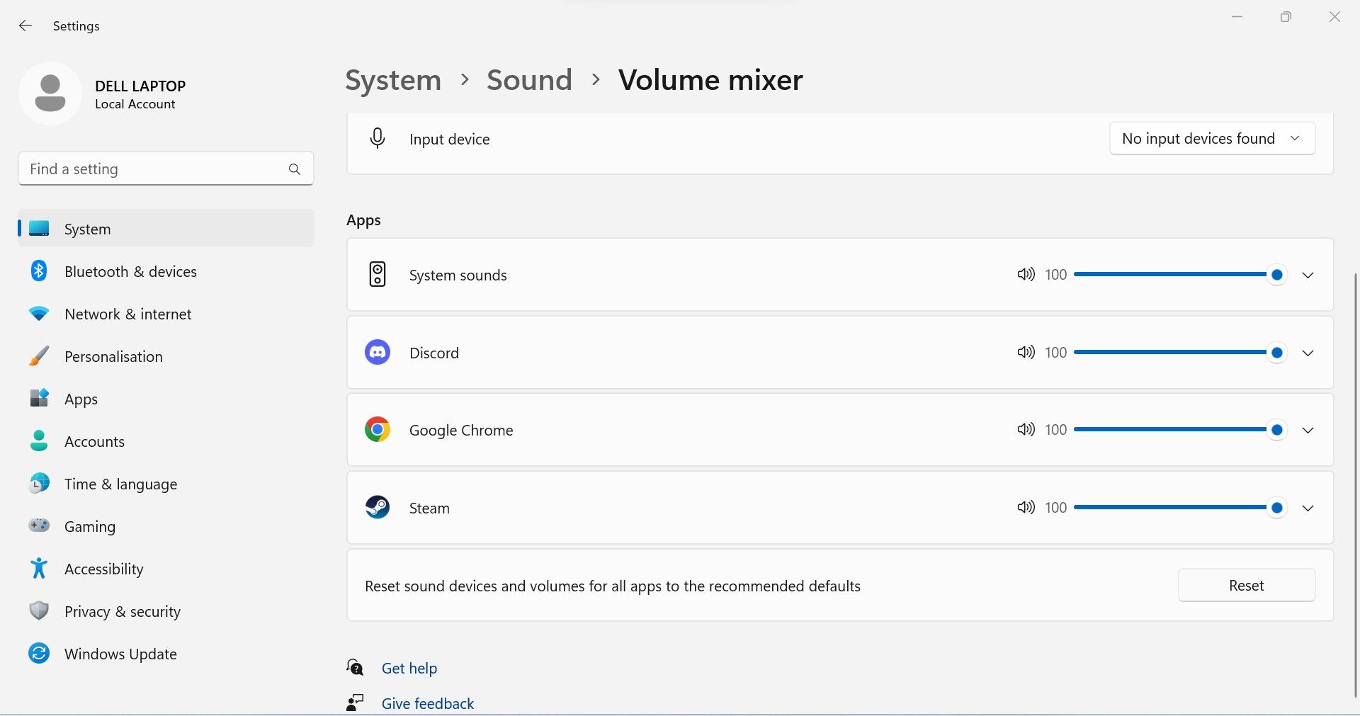 Resetting the Audio Settings in the Volume Mixer Tab of Sound Settings in Windows Settings App