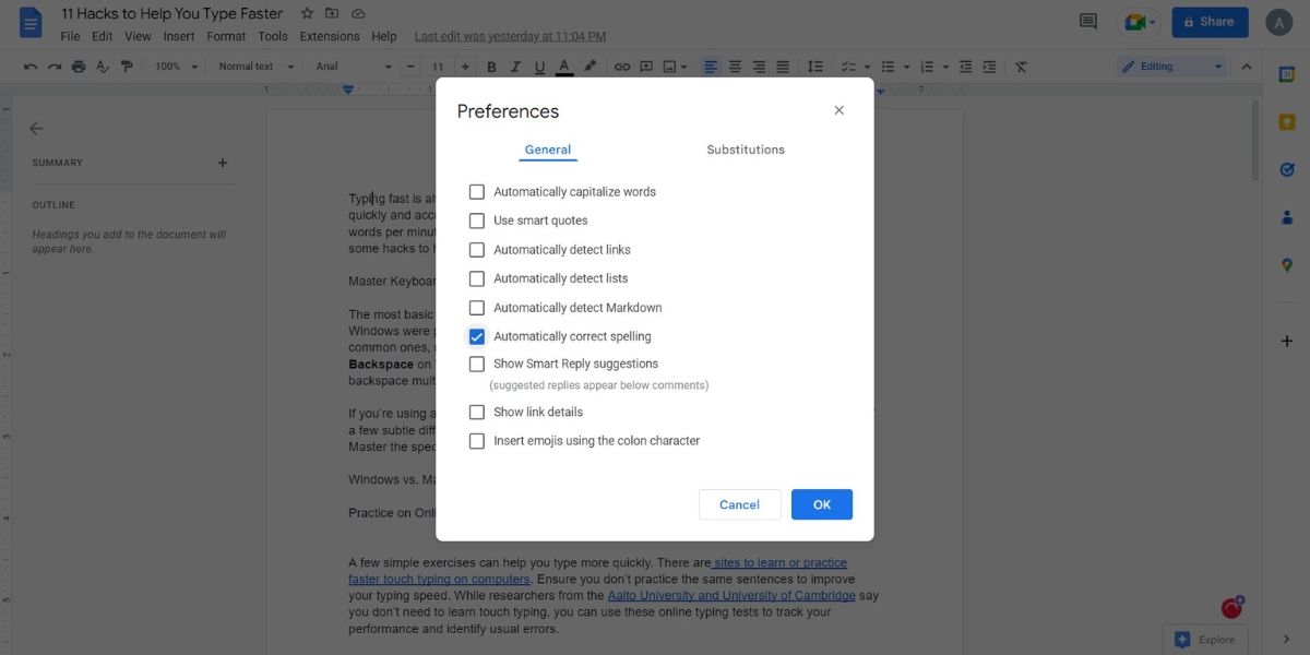 Google docs showing preferences to automatically correct spelling